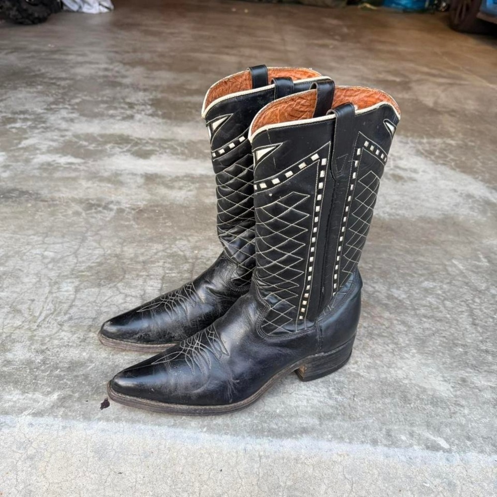 True vintage ACME black leather diamond stitch inlay western cowboy boots - Picture 4 of 8